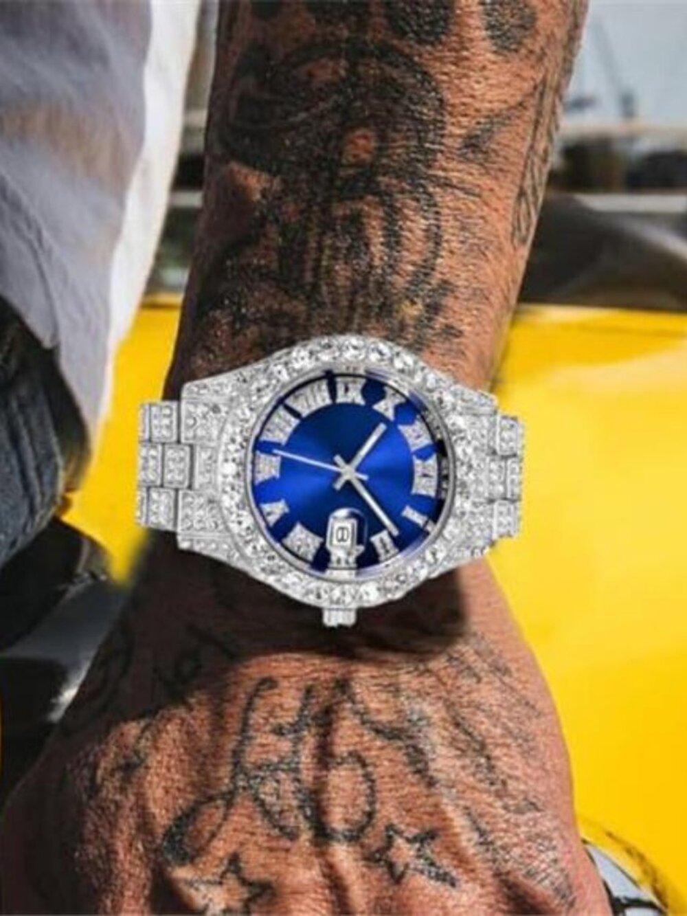 Men's Diamond Watch Fashion Crystal Rhinestone Quartz Analog Watch - Picture 3 of 5
